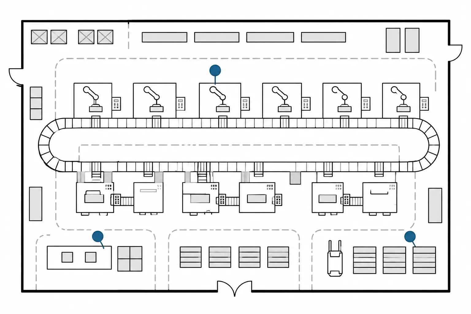 俯瞰視点の職場の見取り図に、人の位置を示すピンが配置されている様子